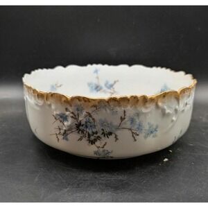 Antique Limoges France Porcelain Bowl Blue Floral Scalloped Gold Gilt Trim